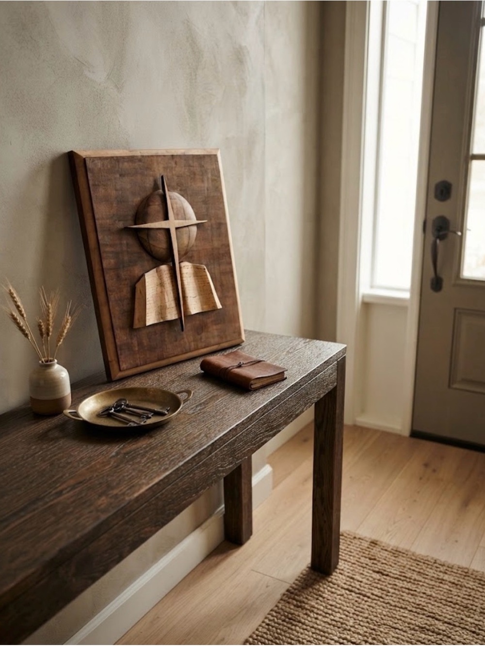 Vintage Handcrafted wooden wall plaque featuring a carved globe, an open Bible